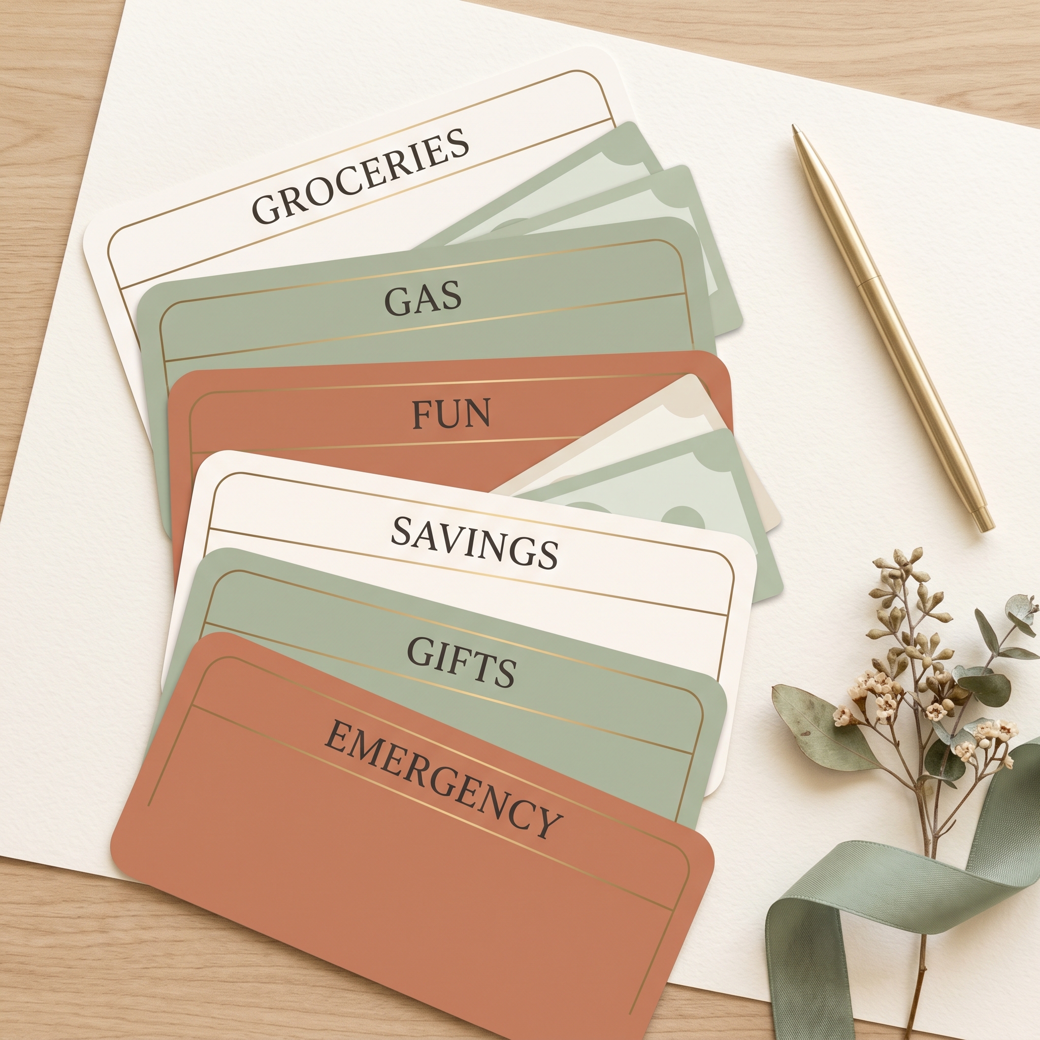 Six labelled cash envelopes fanned out — groceries, savings, fun, bills, petrol and gifts — printed in warm sage and clay tones.